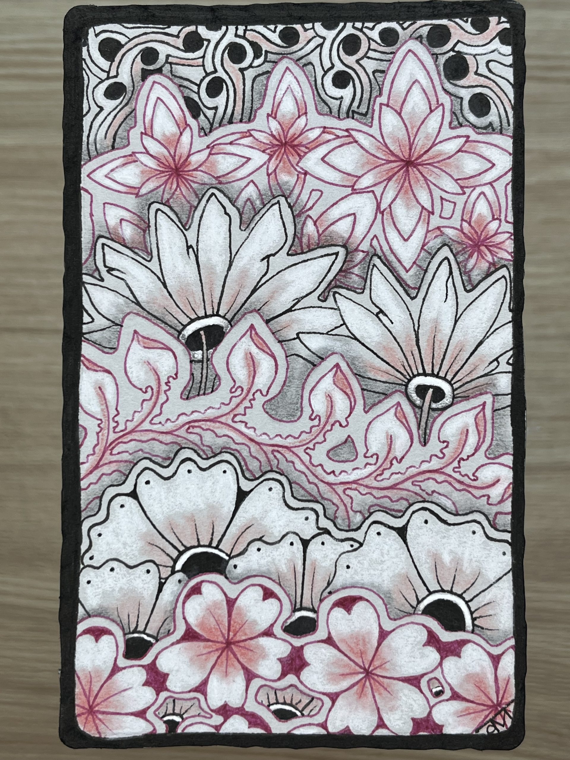 Live Zentangle Class (Afternoon): Pink and Grey Flowers